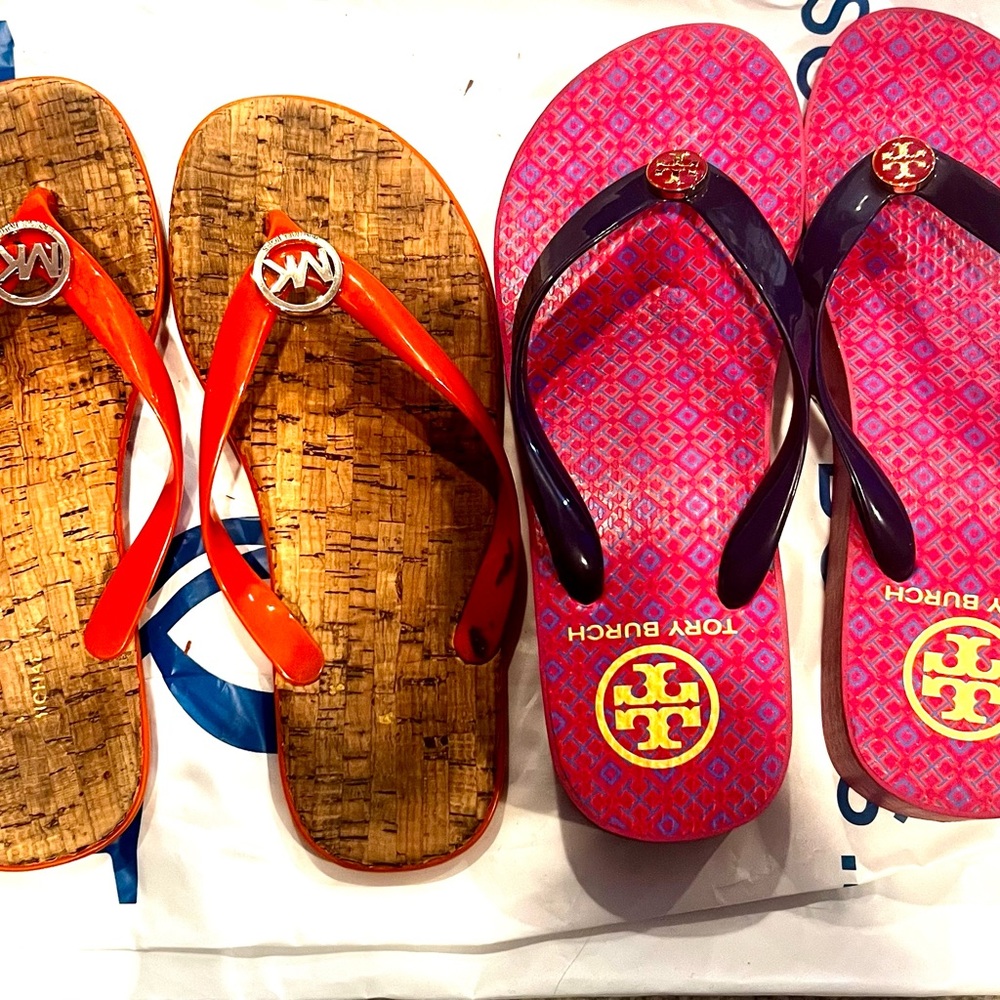 2 pairs luxury slippers, both size 5.5. MK and Tory Burch brands.